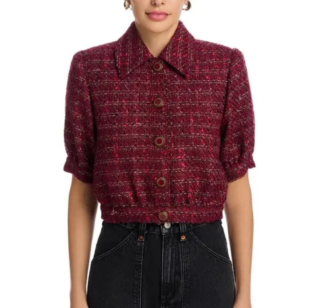 L’Agence Cove Cropped Short Sleeve Tweed Jacket Cherry Brown Black NWT Size 8